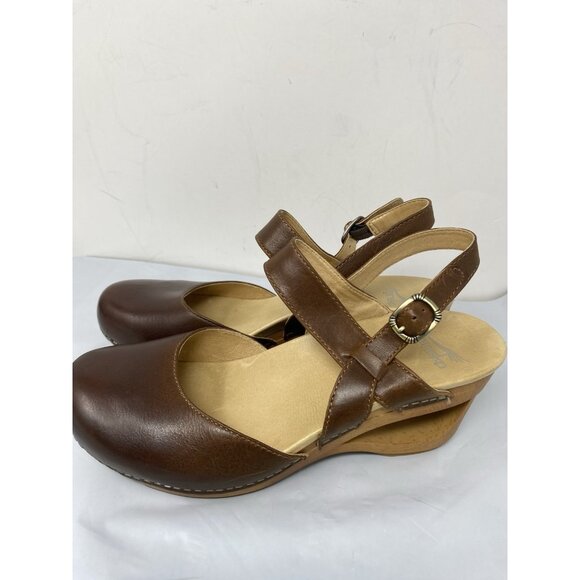 Dansko Taci Brown Waxi Calf Leather Ankle Strap Cut Out Wedgie Size 9 US, 40 EU - Picture 6 of 7